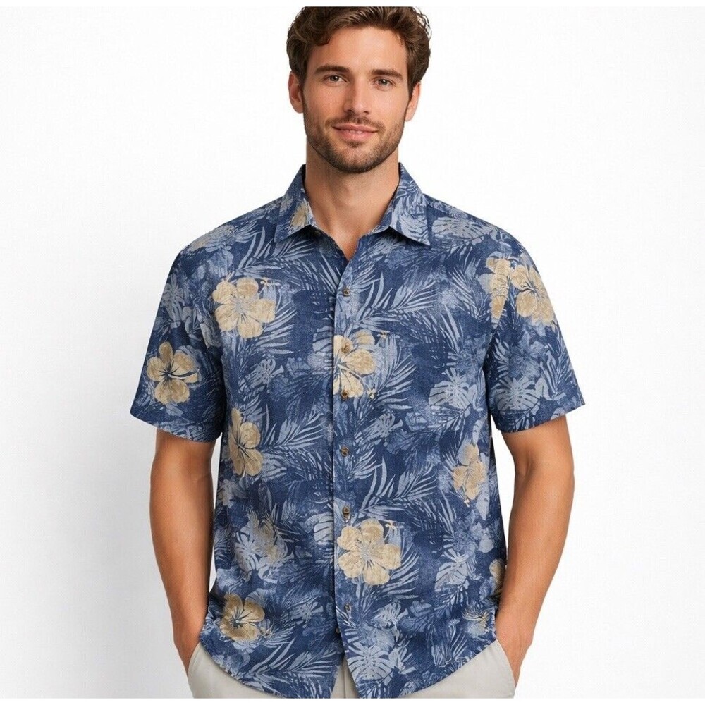 Island Republic Mens Silk Aloha Shirt Blue Floral Button Front Size L